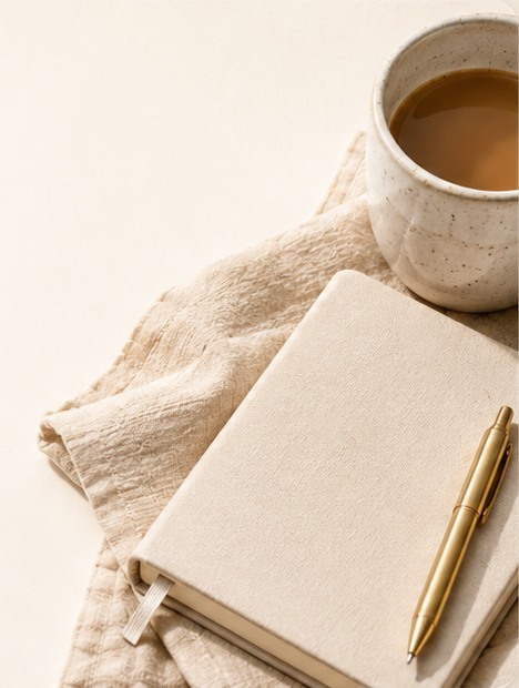 A linen-bound journal and gold pen resting on folded cloth beside a cup of coffee