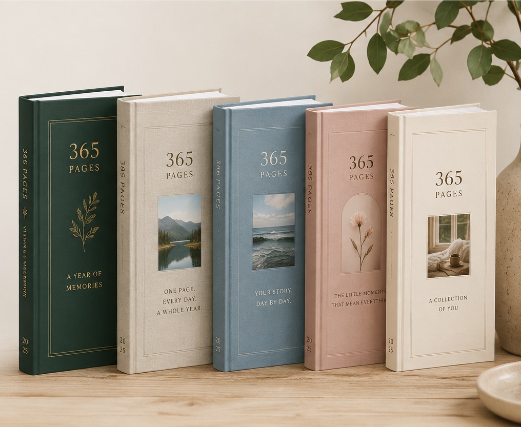 A row of five 365Pages journals in different colors and themes (memories, mountains, ocean, flowers, and home) styled on a table beneath a plant.